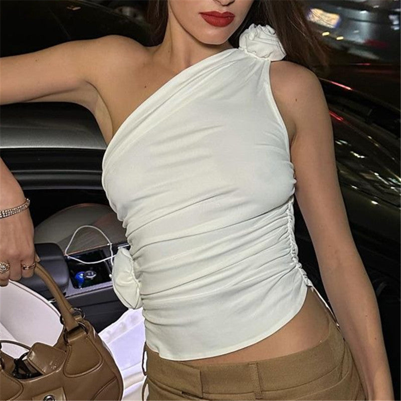 White One Shoulder 3D Flower Top