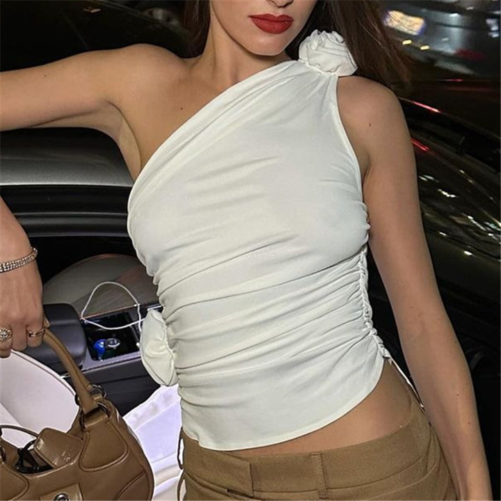 White One Shoulder 3D Flower Top