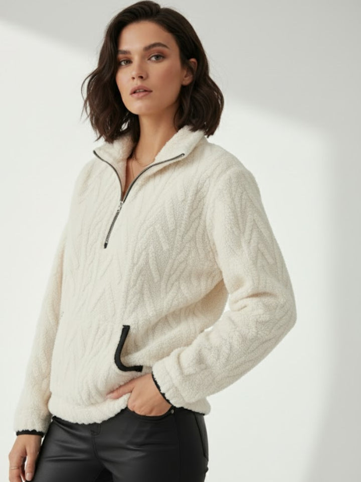 Off White Zip Up Collared Textured Sweater With Pockets