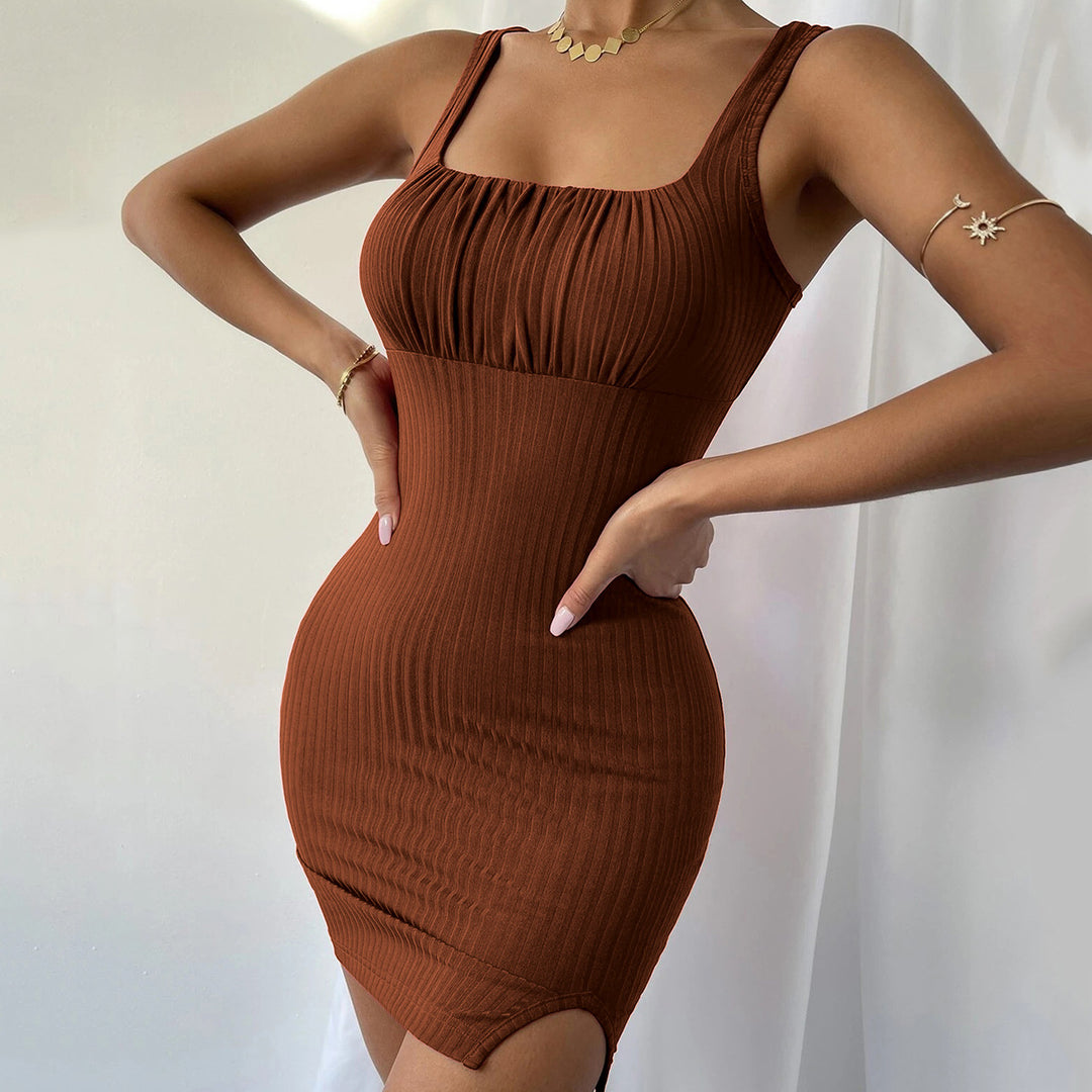 Rust Ribbed Bust Detailing Bodycon Dress