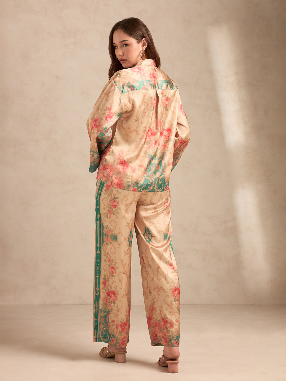 Peach Relax Fit Printed Satin Shirt With Wide Leg Trousers Set