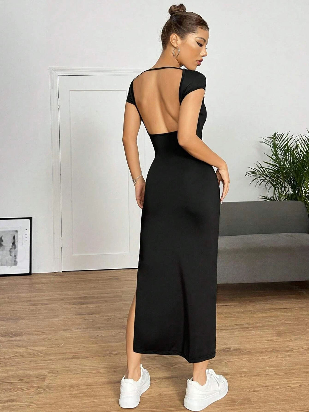 Black Cap Sleeved Deep Back Dress