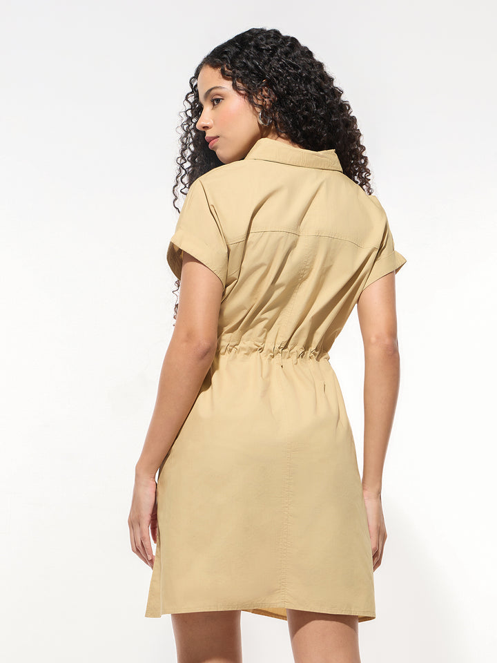 Khaki Short-Sleeved Shirt Dress