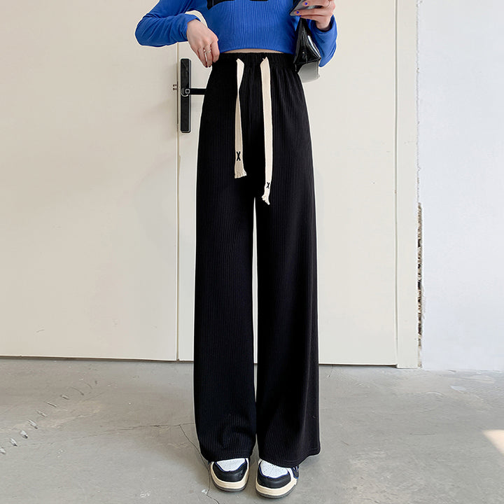 Black Textured Wide Leg Drawstring Pants
