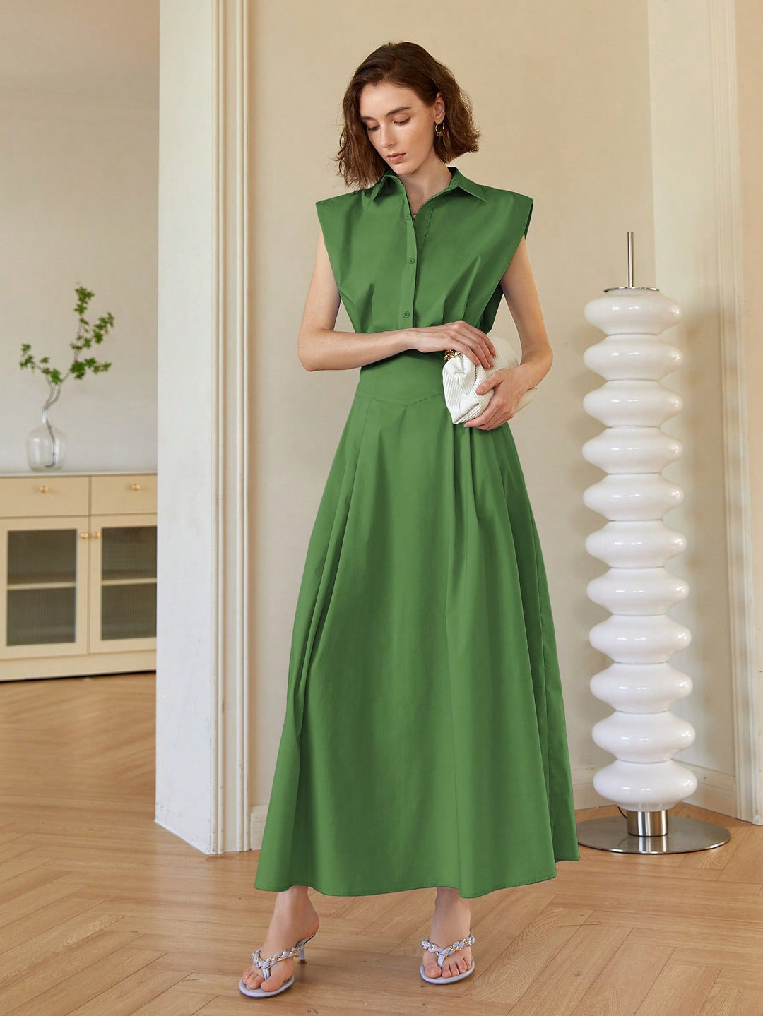 Green Front Button Shirt Style Sleeveless Dress