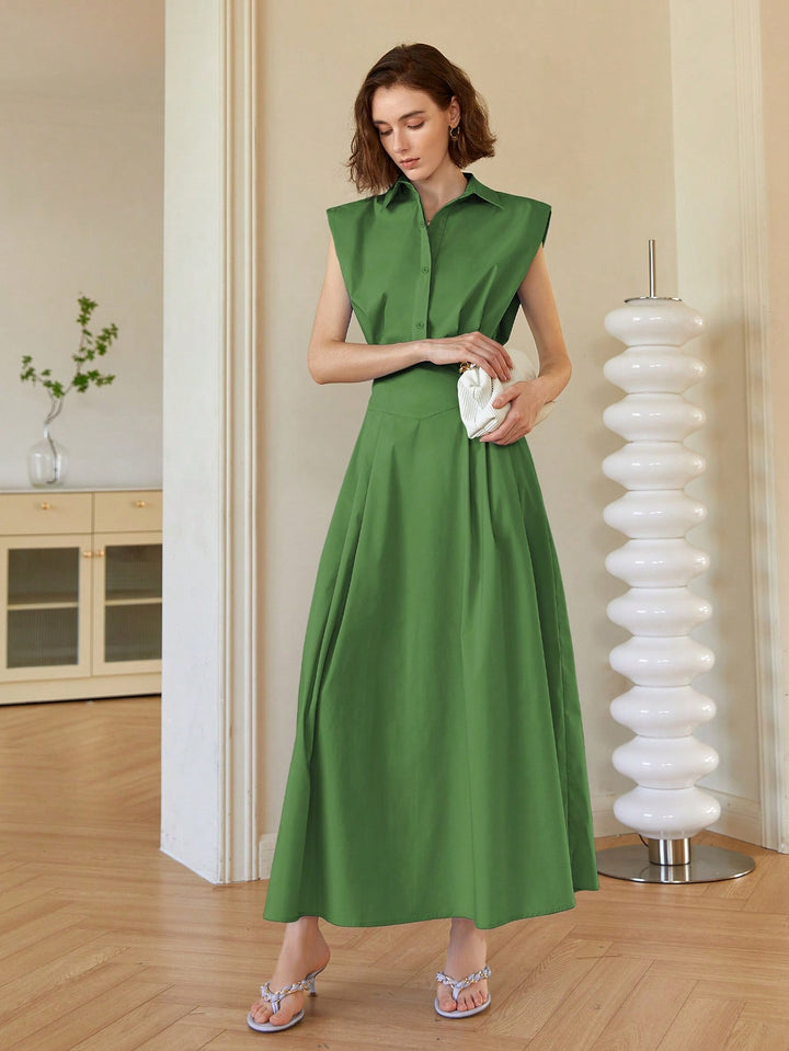 Green Front Button Shirt Style Sleeveless Dress