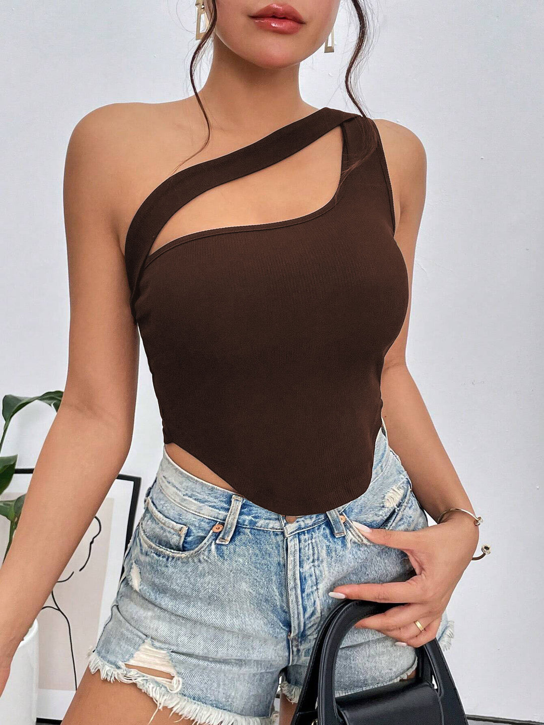 Brown One Off-Shoulder Cut-Out Top