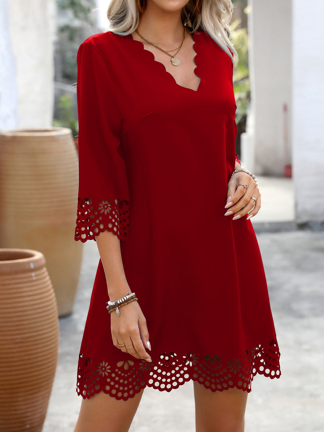 Red Scallop Neck Detailing Dress