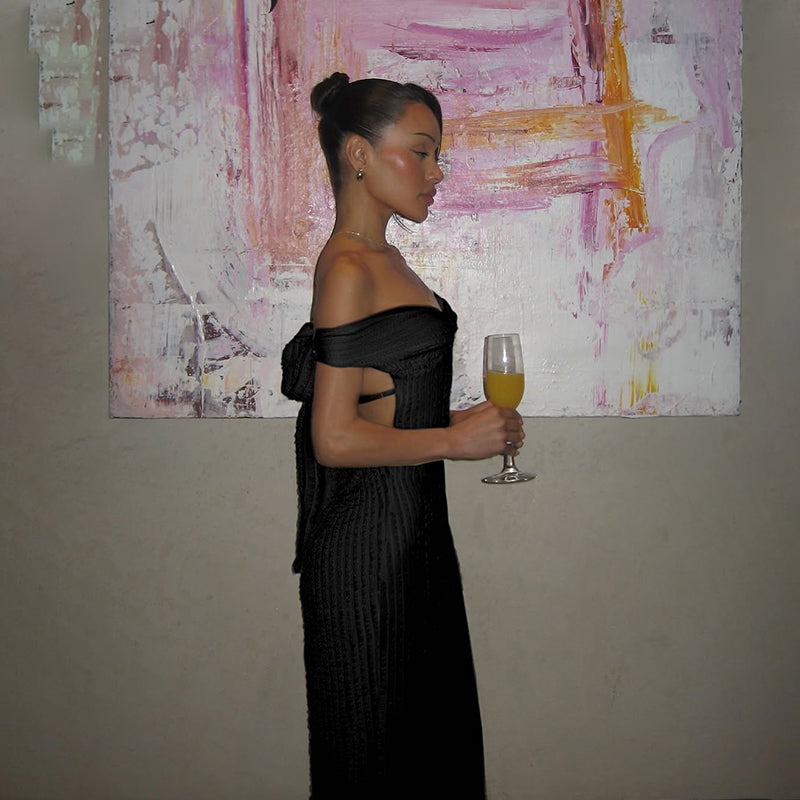 Black Off-Shoulder Textured Beach Dress