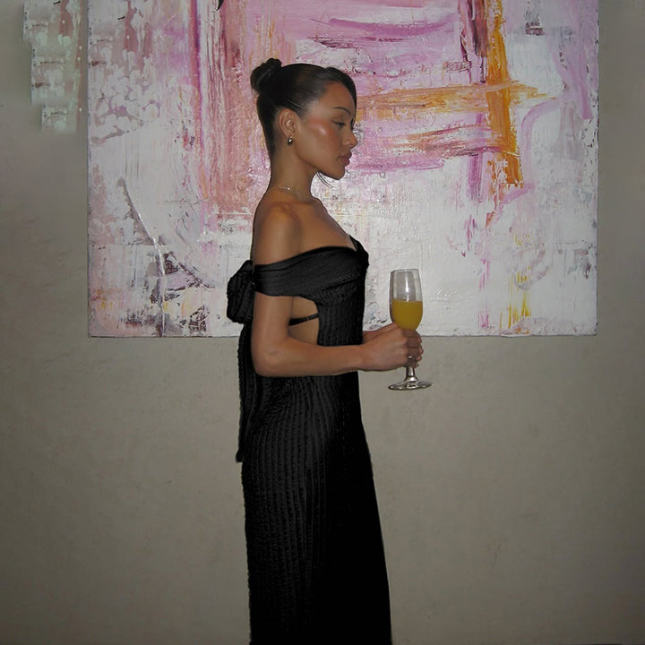 Black Off-Shoulder Textured Beach Dress