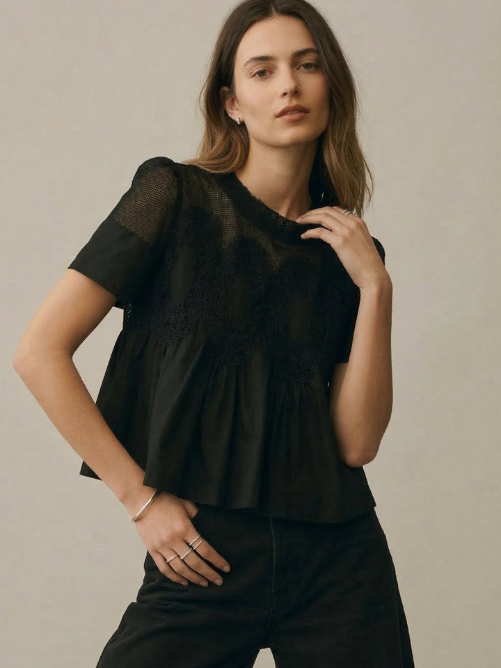 Black Crew Neck Textured Top