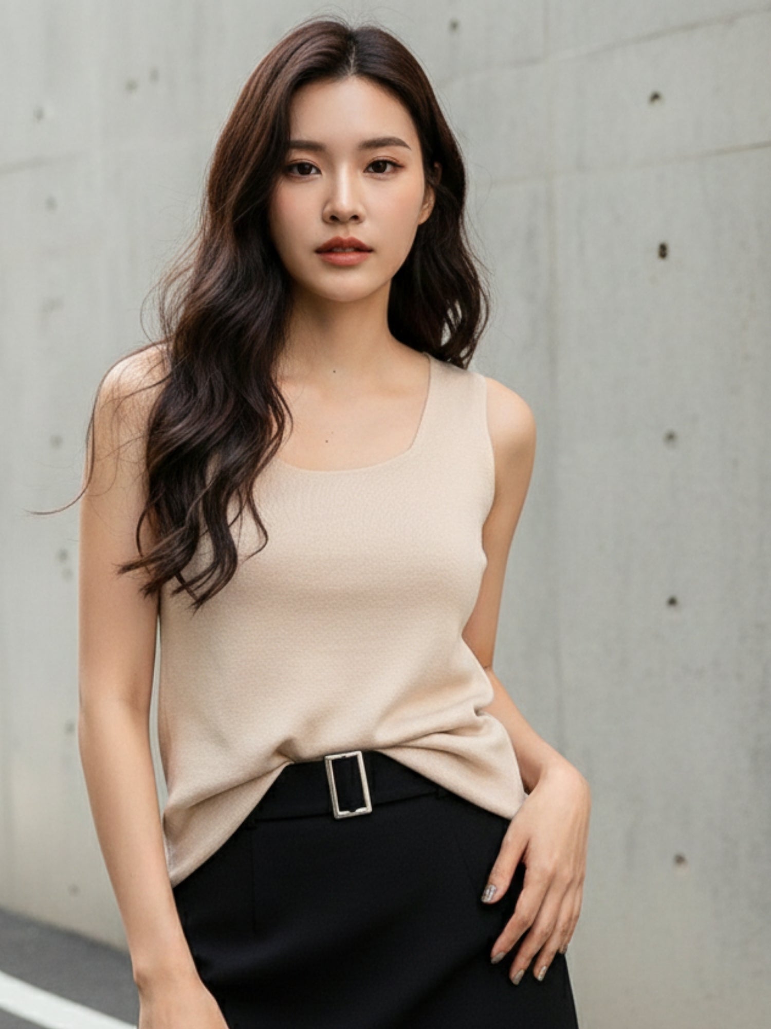 Beige Sleeveless Basic Tank Top