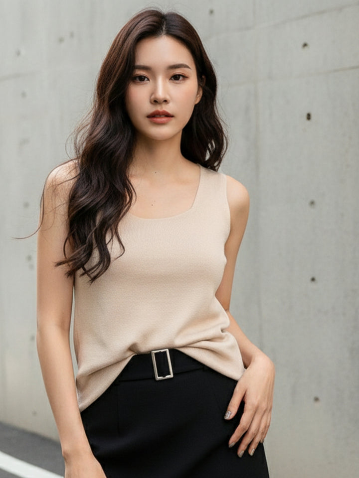 Beige Sleeveless Basic Tank Top
