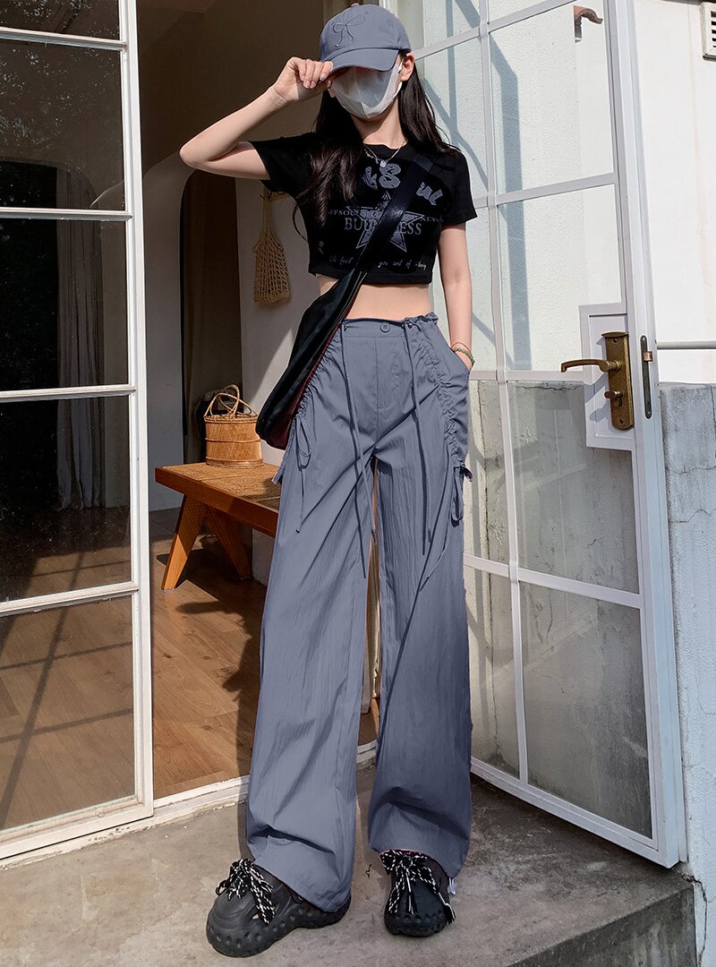Charcoal Wide Leg Drawstring Parachute Pants