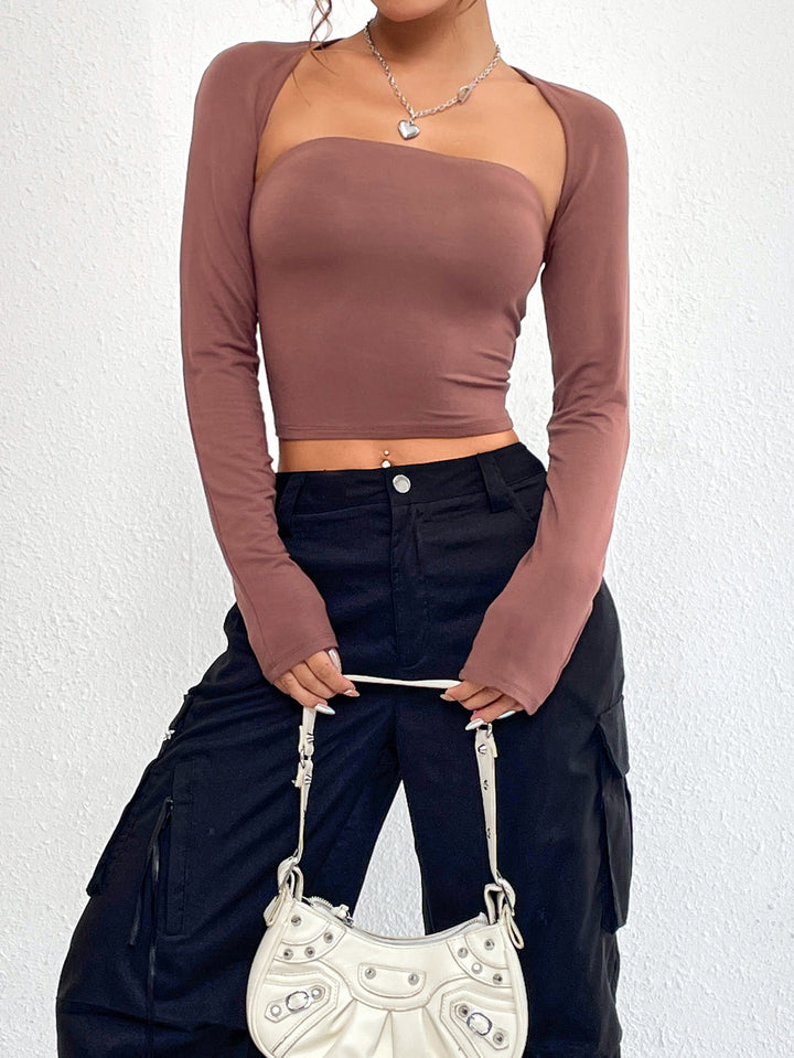 Brown Scoop Sweetheart Neckline Fitted Overlay Style Top