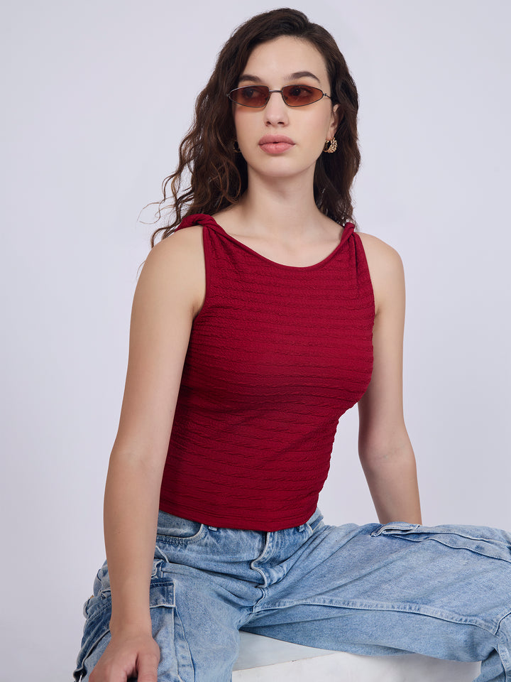 Maroon Textured Knit Halter Neck Tank Top