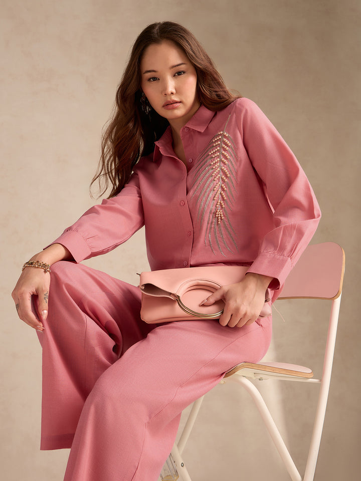 Rust Embellished Coord Set With Oversized Shirt And Wide Leg Trouser