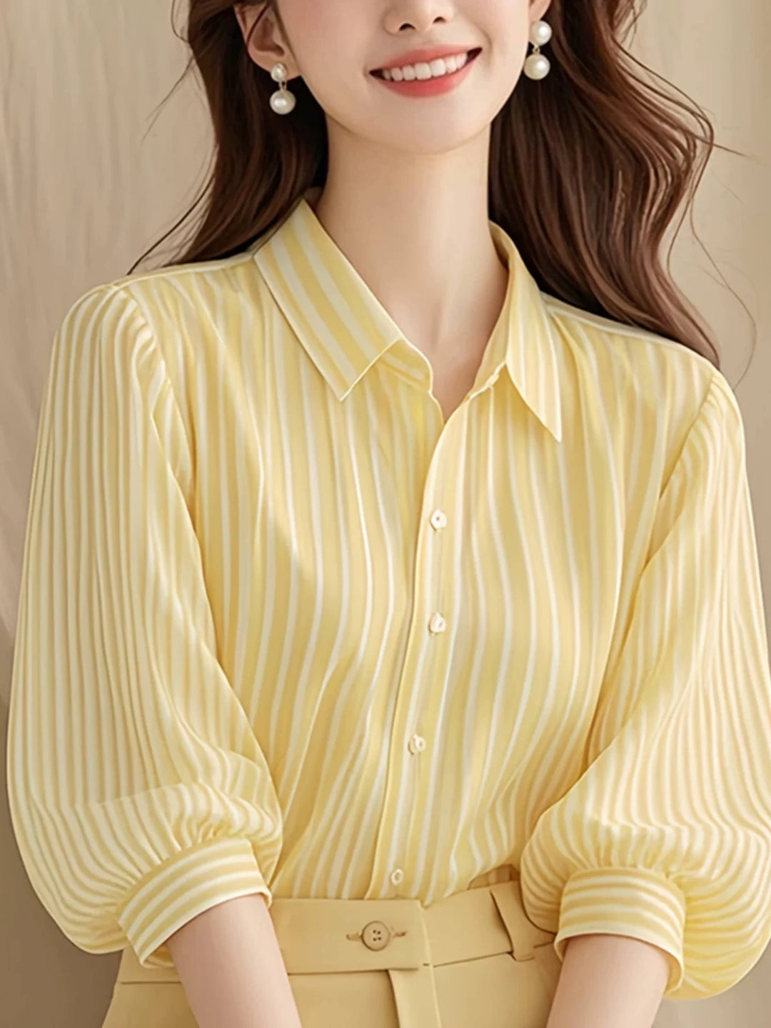 Yellow Striped Shirt With Balloon Sleeves
