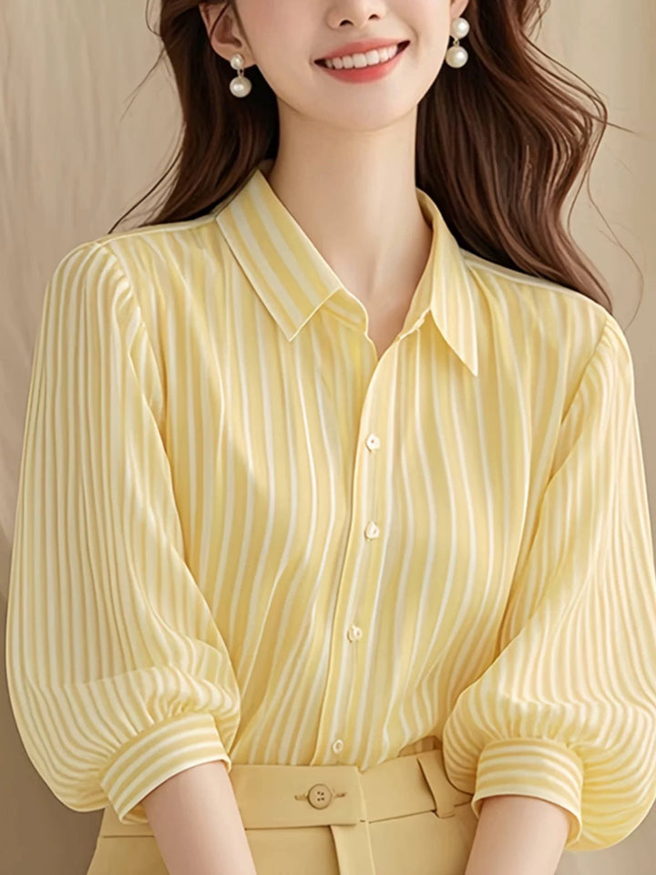 Yellow Striped Shirt With Balloon Sleeves