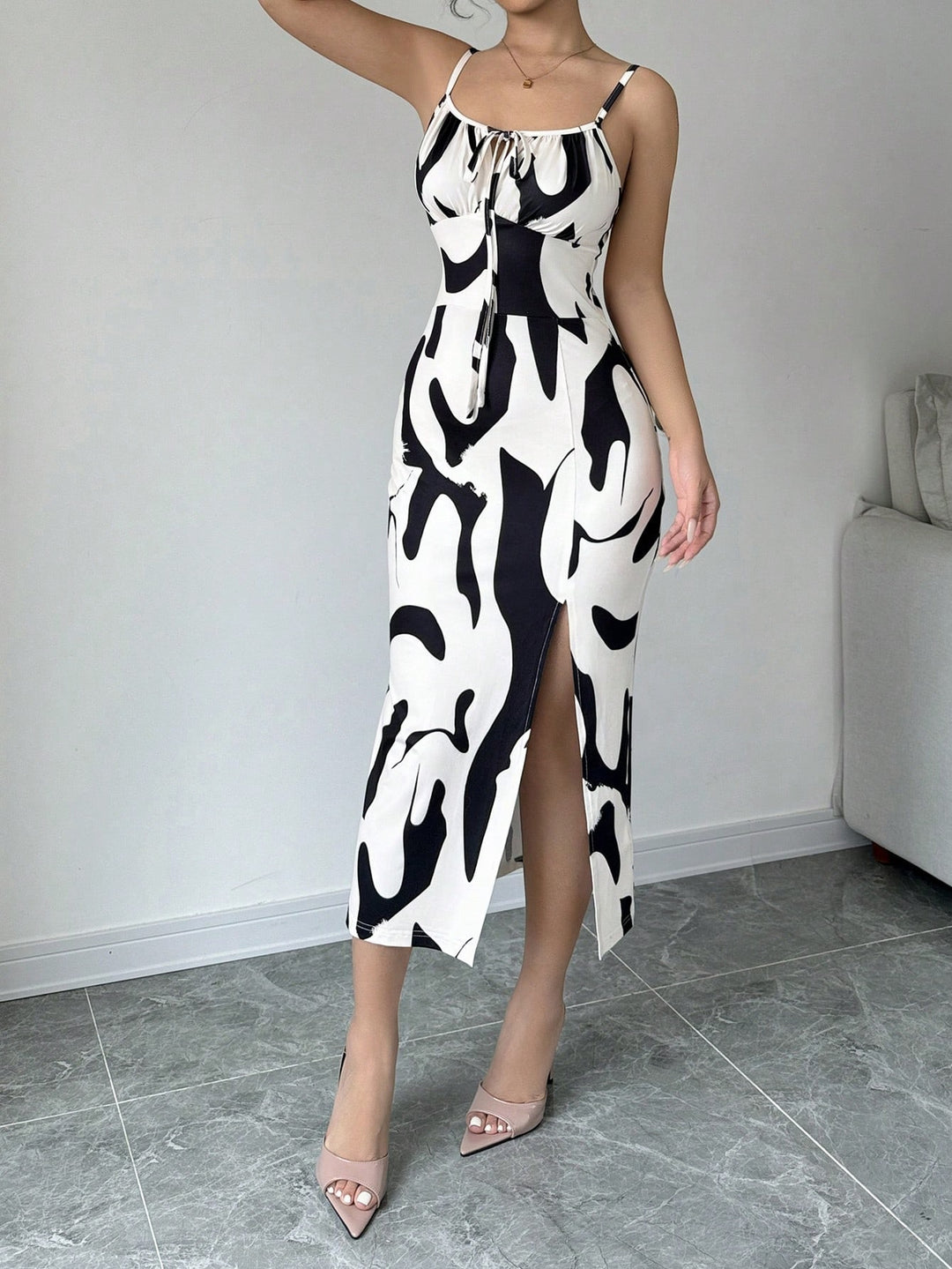 White Abstract Print Waist Fitted Dress