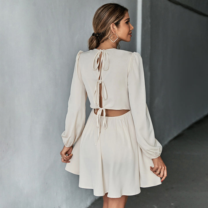 Cream Bishop Sleeve Back Tie-Up Dress