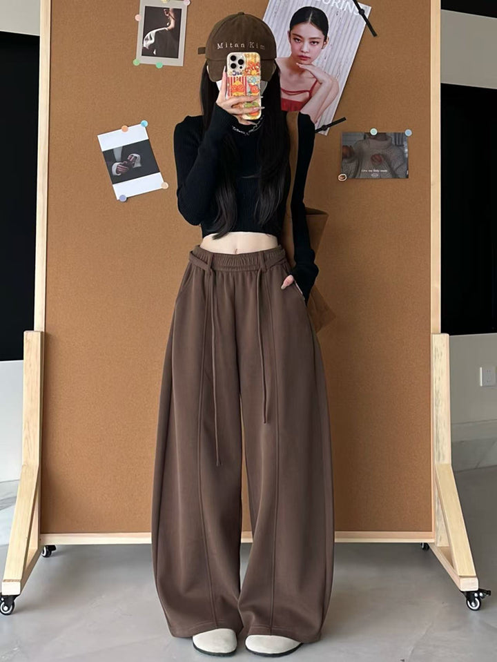 Brown High Waist Attached Drawstring Baggy Pant