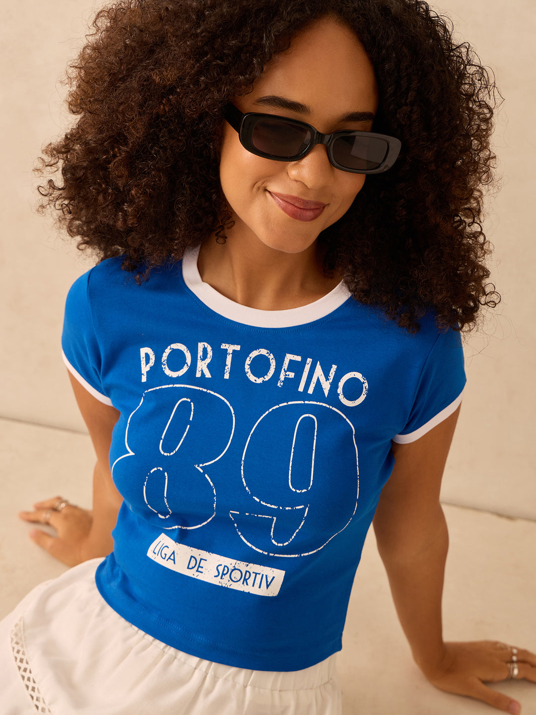 Blue Raglan Cropped Top With Graphic Print