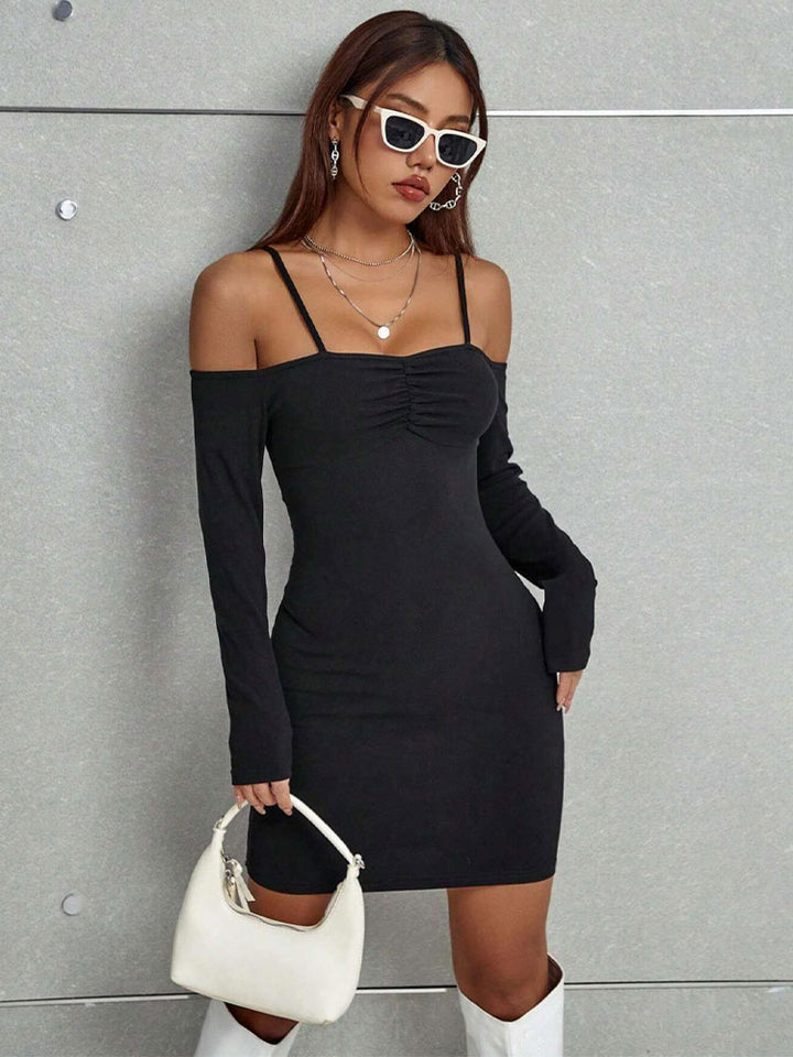 Black Off Shoulder Full Sleeves Mini Dress With Straps On Shoulder