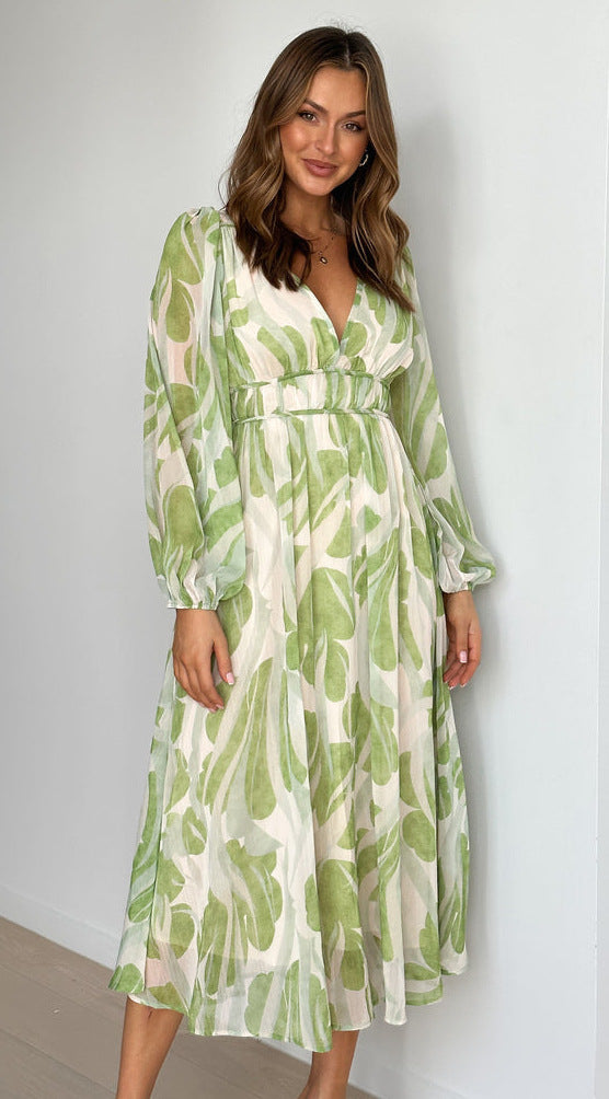 Green Plunge Neck Printed Midi Dress