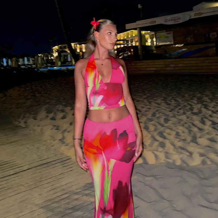 Rose Halter Neck Fitted Top With Skirt