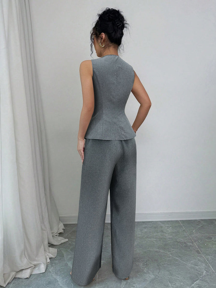 Grey Sleeve Vest And Pant Set