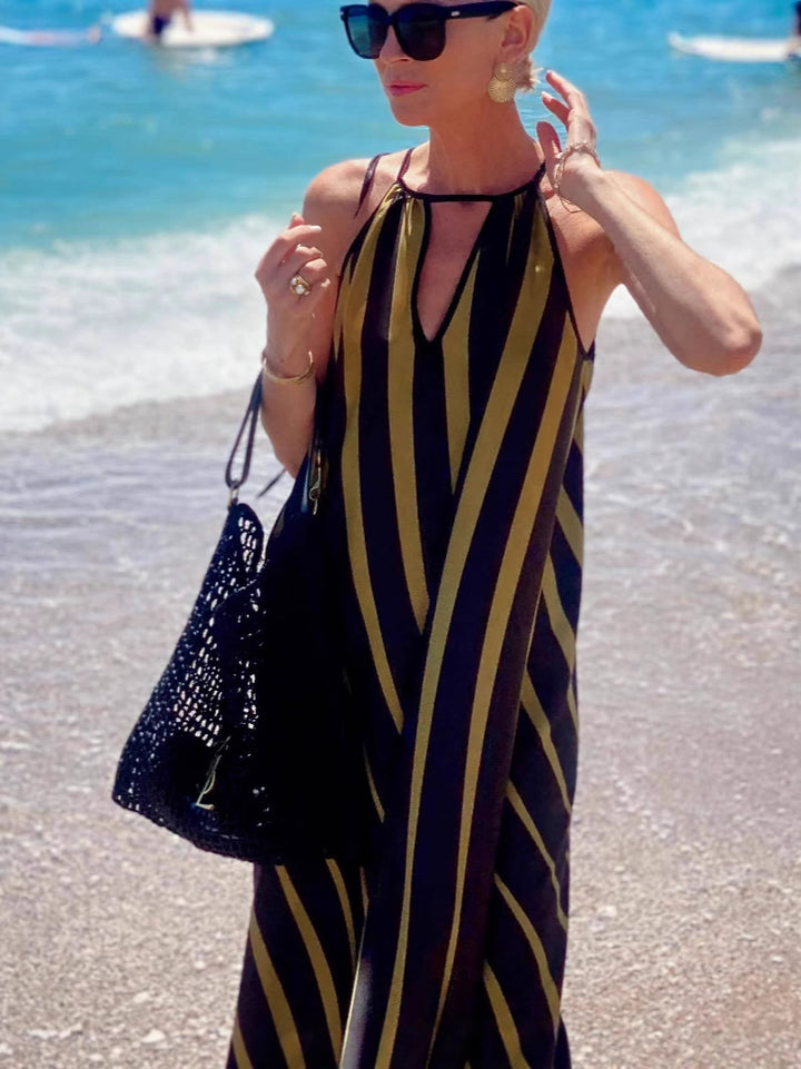 Gold Halter Neck Striped Dress