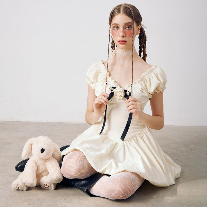 Off White Drop Waist Fit And Flare Dress