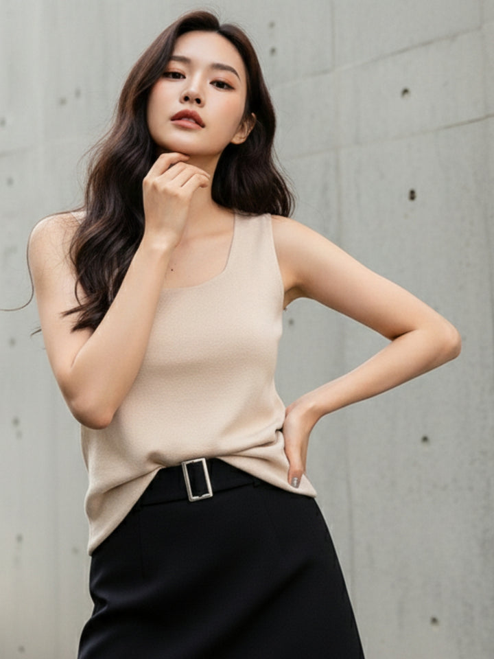 Beige Sleeveless Basic Tank Top