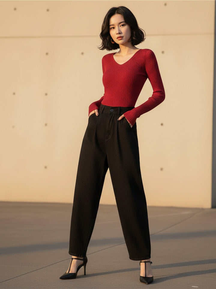 Red Full Sleeve V Neck Fitted Top