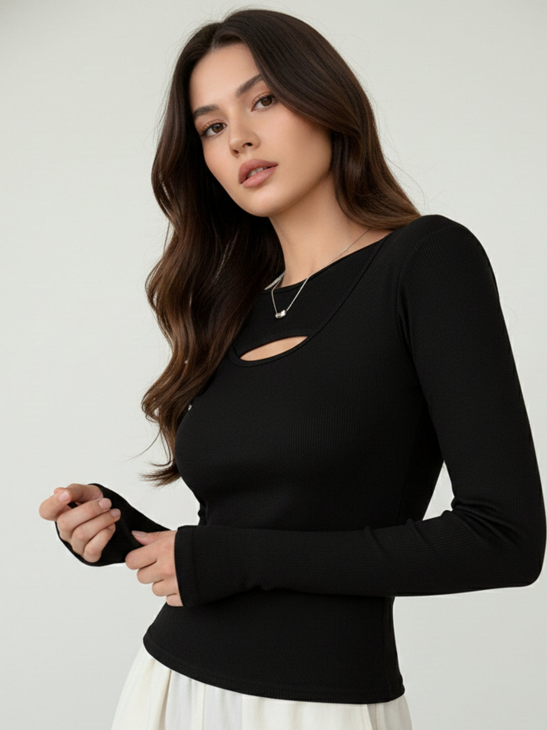 Black Full Sleeve Neck Cut-Out Fitted Top
