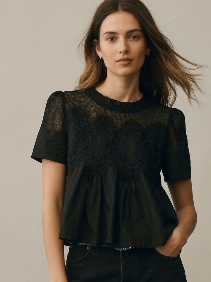Black Crew Neck Textured Top