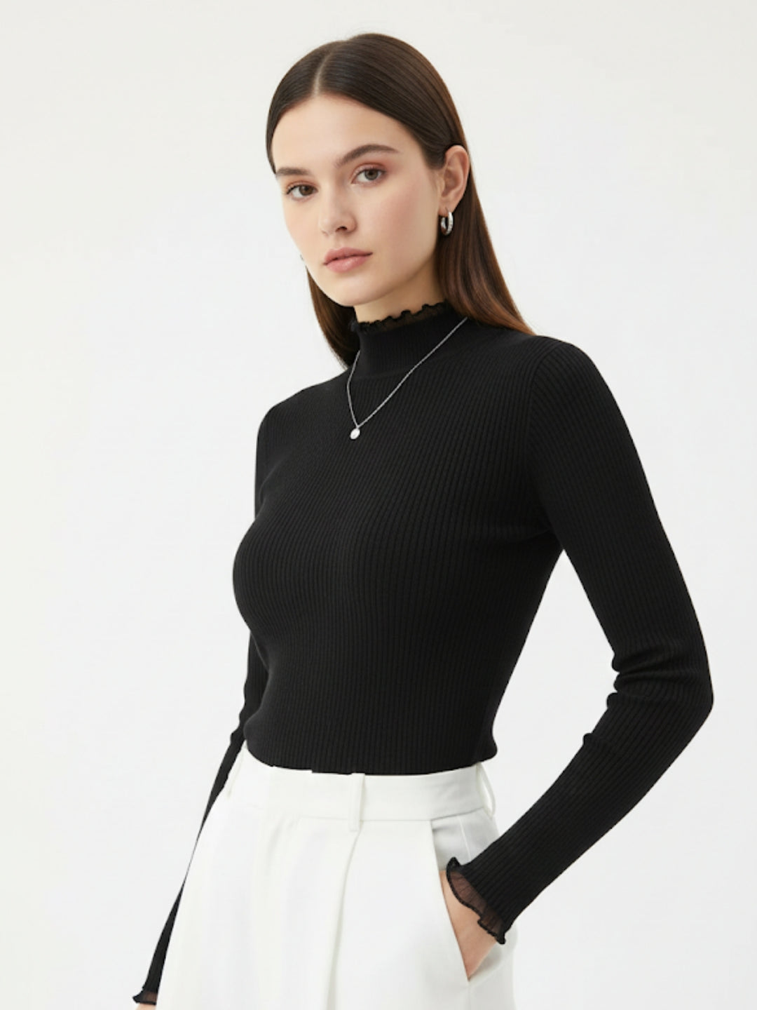 Black High Neck Scallop Detail Top