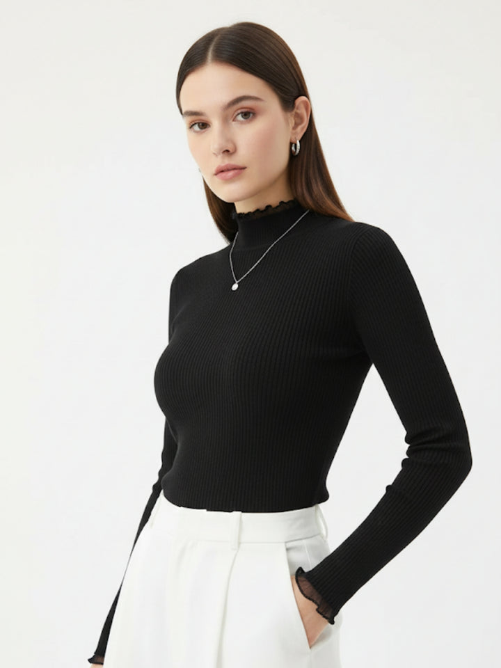 Black High Neck Scallop Detail Top