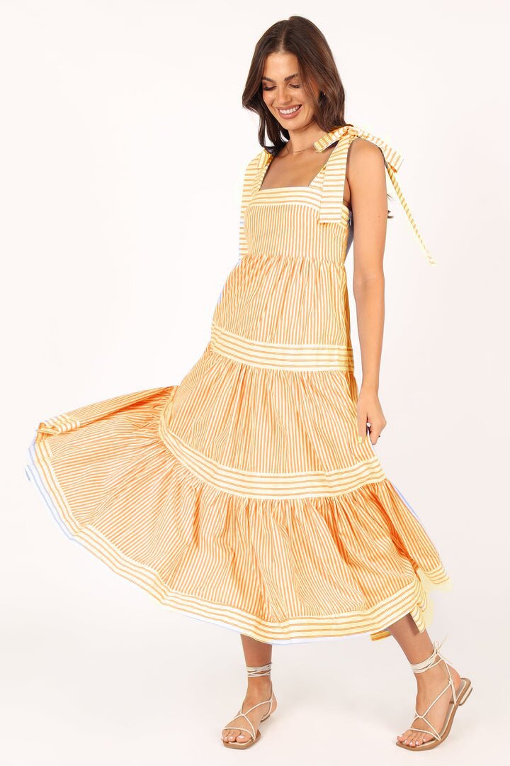 Yellow Bow Tie-Up Tiered Dress