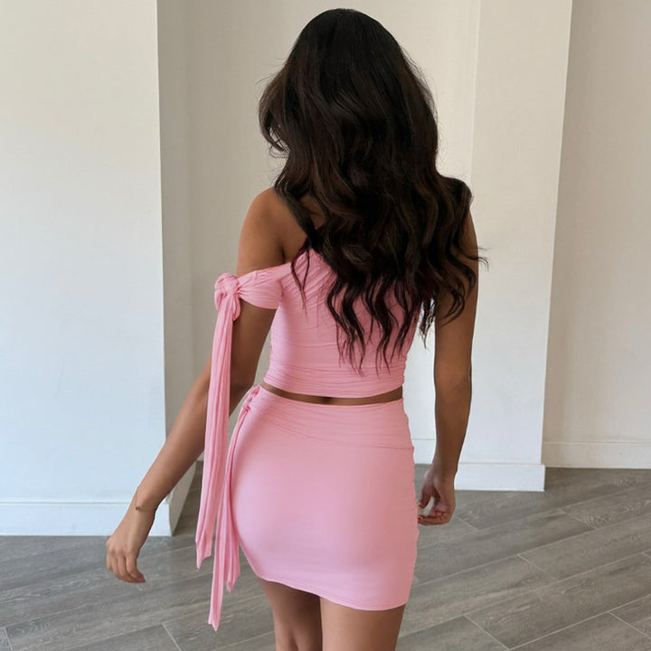 Pink One-Off Shoulder Top With Mini Skirt Co-Ord Set
