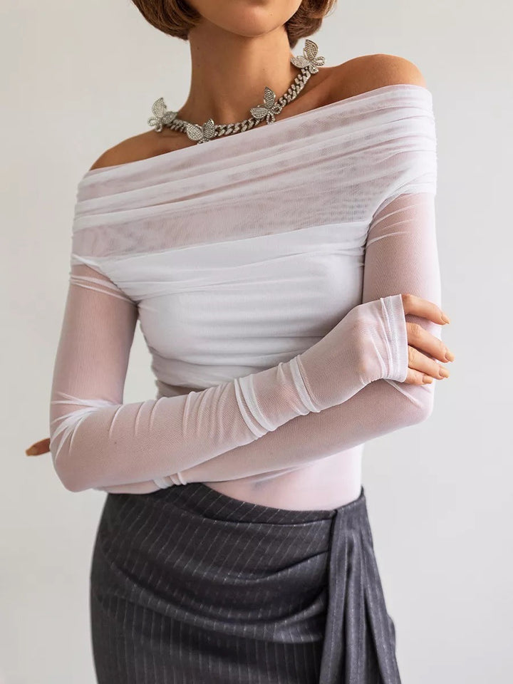 White Off-Shoulder Sheer Mesh Top