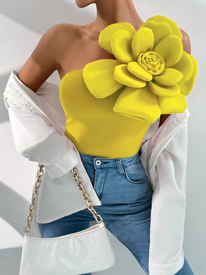 Yellow One Shoulder Flower Attached Top
