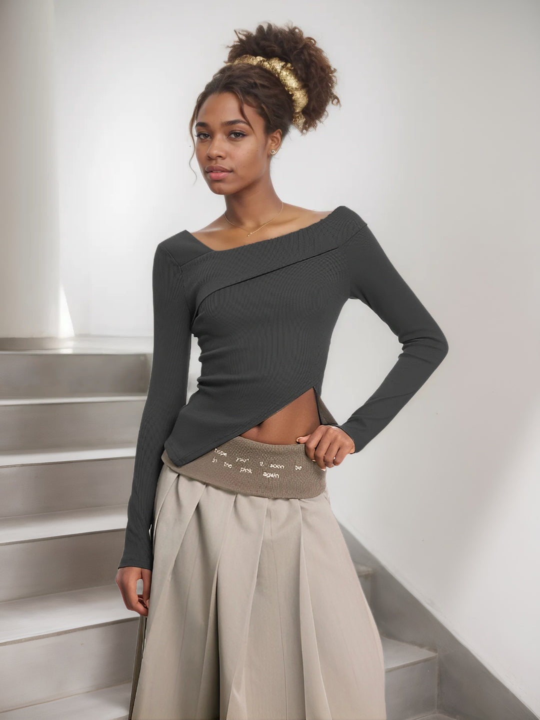 Grey Off-Shoulder Asymmetric Hem Top