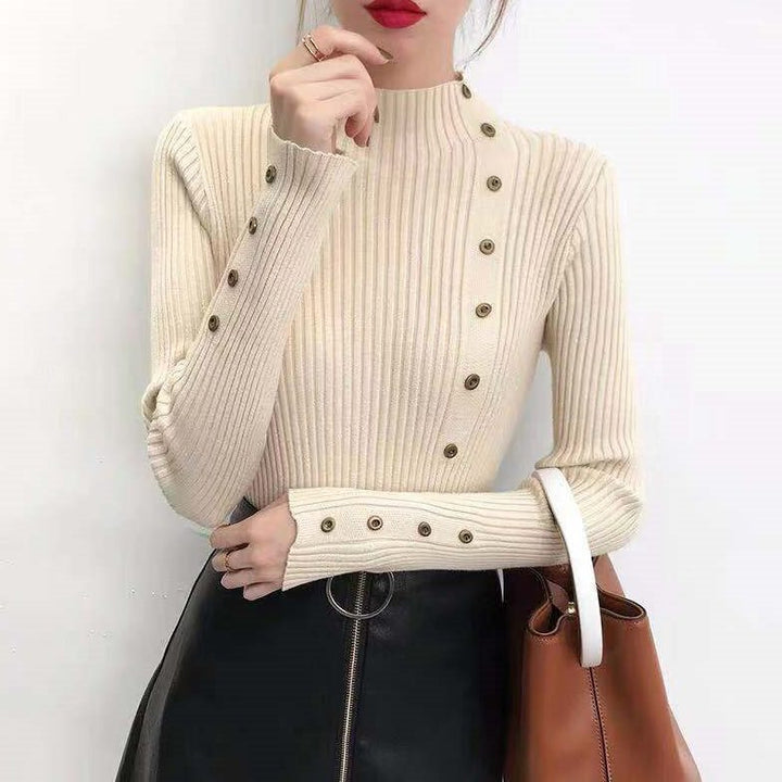 Off White Full Sleeve Button Trim Fitted Sweaters