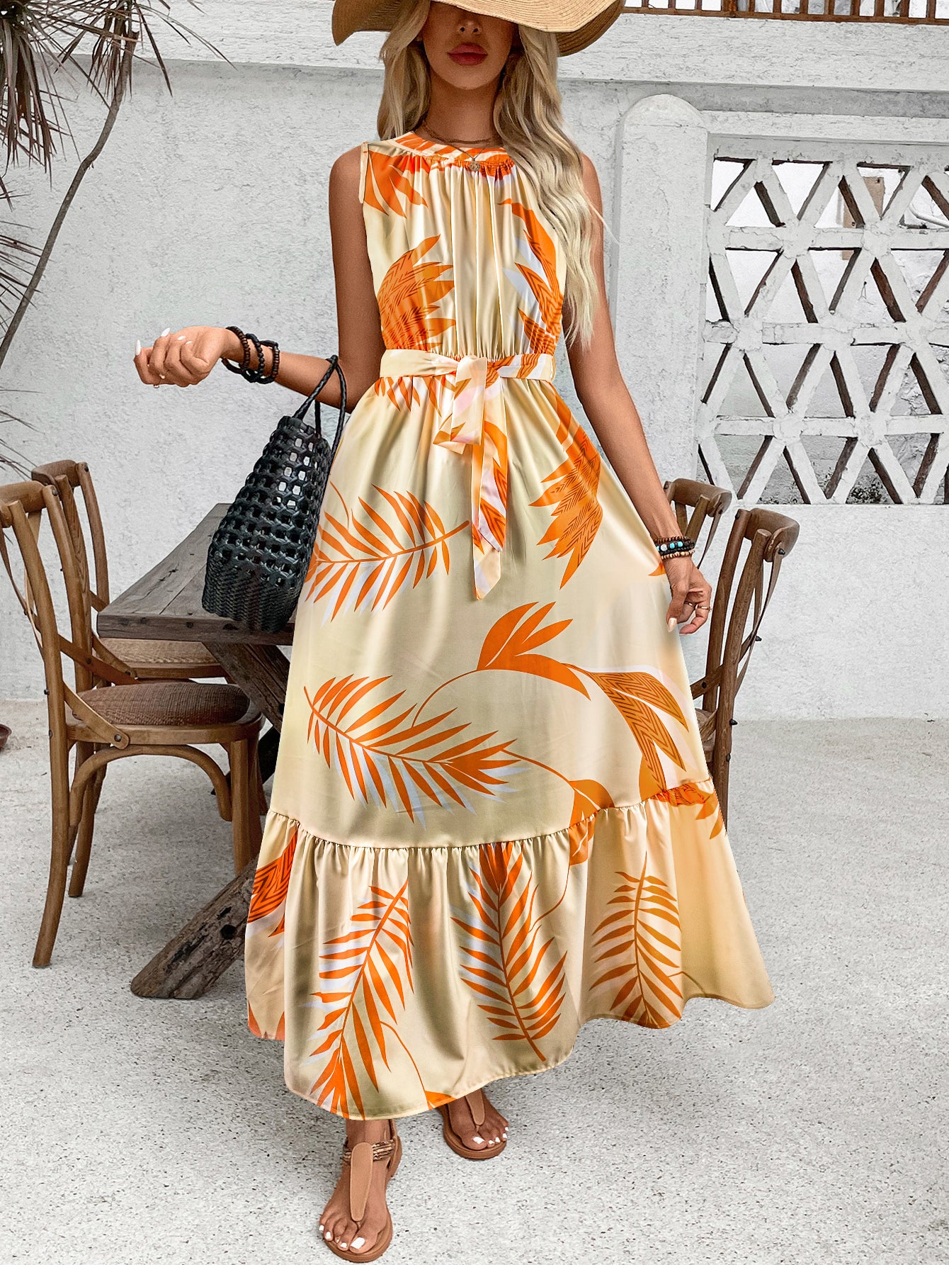 Orange Printed A Line Belt Tie Up Dress