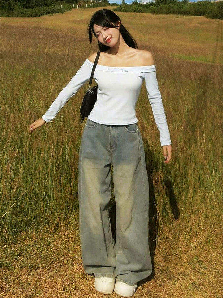 White Off Shoulder Full Sleeves Fitted Top