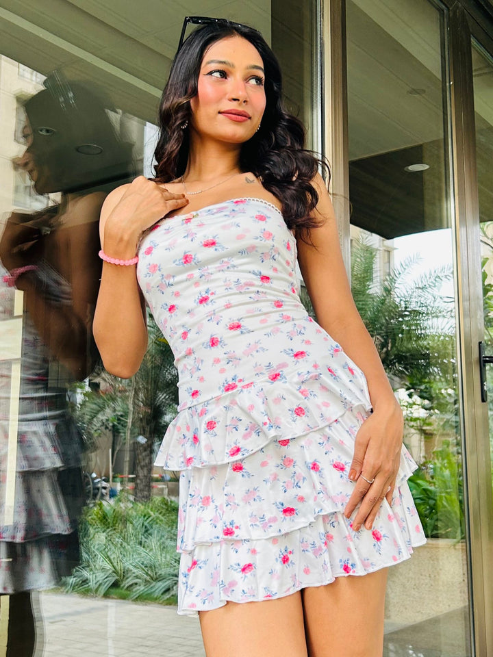 White Floral Printed Tube Tiered Mini Dress