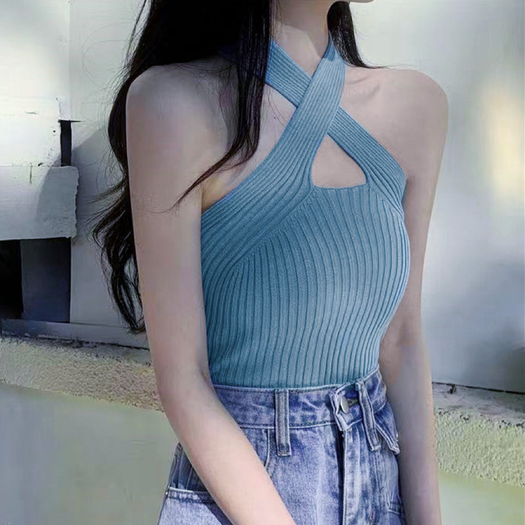 Blue Halter Flat Knit Tank