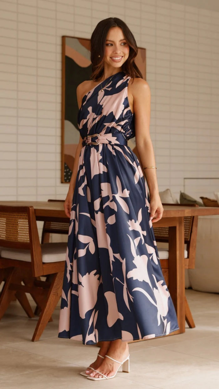 Navy Blue Abstract Printed One Shoulder Dress
